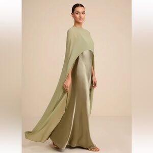 Lulu's Cavana Sage Satin Cape Maxi Dress L